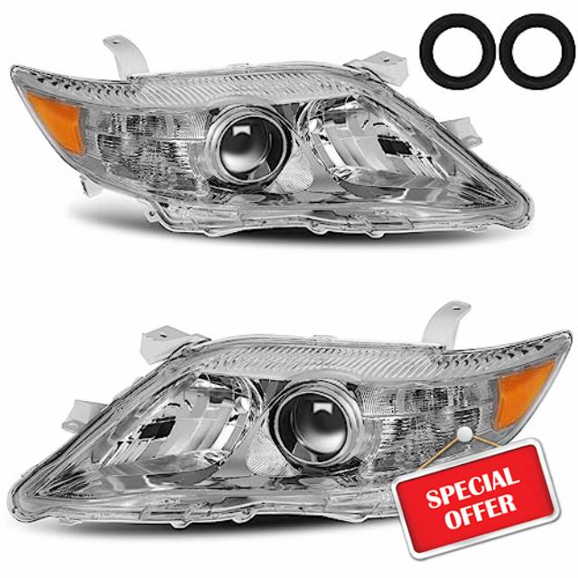 ALZIRIA Headlight Assembly Replacement for 2010 Toyota Camry 2011 Toyota Camry 10 Camry 11 Camry Projector Headlamp US Built Model Only Left And Right Side (Chrome Housing Amber Reflector)