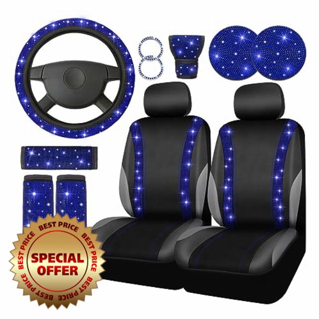 BBTO 14 Pcs Bling Car Seat Covers Full Set Rhinestone Crystal Steering Wheel Cover Shiny Seat Belt Glitter Cover Center Console Pad Cup Mat Diamond Car Accessories for Women Car Fit Most Car (Blue)