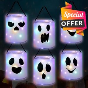 Windyun 6 Pcs Halloween Trick or Treat Bags LED Light up Halloween Bucket Reusable Halloween Candy Bags with Handles for Kids Halloween Supplies Favors
