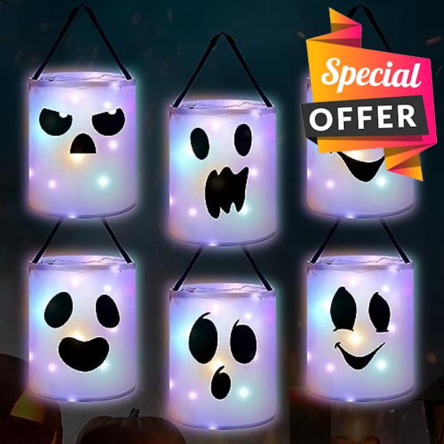 Windyun 6 Pcs Halloween Trick or Treat Bags LED Light up Halloween Bucket Reusable Halloween Candy Bags with Handles for Kids Halloween Supplies Favors