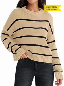 LILLUSORY Womens Striped Sweater Pullover Crewneck Knit Long Sleeve Cable Knitted Sweaters