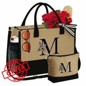 YOOLIFE Initial Jute Tote Bag with Makeup Bag Beach Bag Tote with Zipper Embroidery Monogram Friend Birthday Gifts for Women