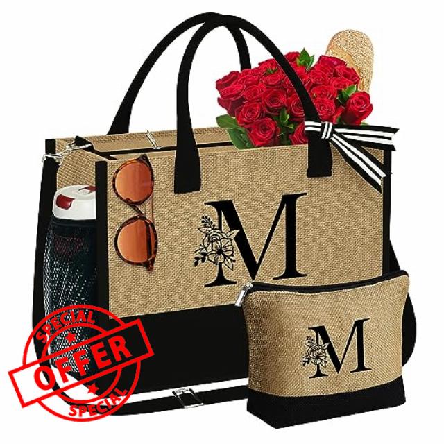 YOOLIFE Initial Jute Tote Bag with Makeup Bag Beach Bag Tote with Zipper Embroidery Monogram Friend Birthday Gifts for Women