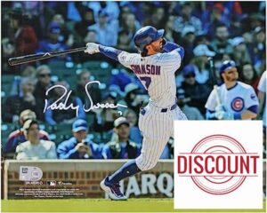 Dansby Swanson Chicago Cubs Autographed 8" x 10" White Jersey Swinging Photograph - Autographed MLB Photos