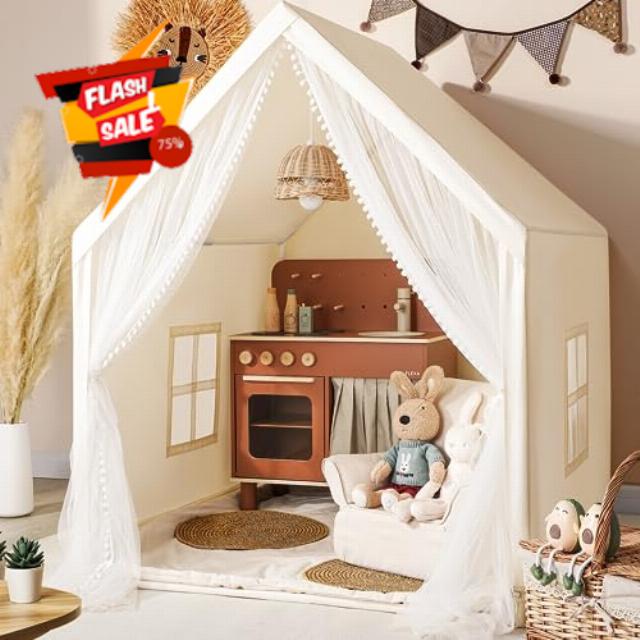 Monobeach Kids Tent Beige Play Tent with Long Mesh Curtain Large Playhouse for Indoor Outdoor Play Cottage Castle Toy for Girls Boys House Gift (Beige Kids Play Tent)