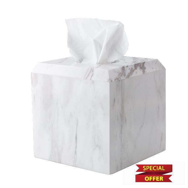 WORHE Tissue Box Cover Holder True Natural Marble Paper Holder Heavy Duty Square Tissue Paper Holder for Bathroom Living Room Bedroom Vanity Kitchen Minimalistic Office Home Decor Jazz White(WH014)