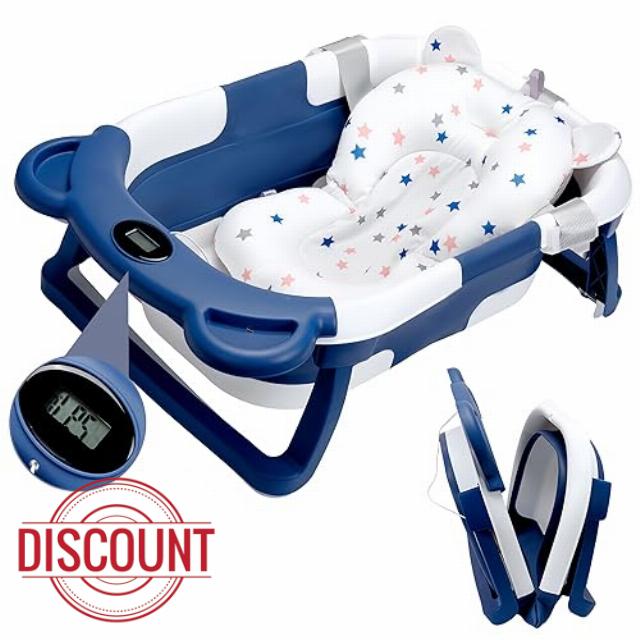 YGLOLRAME Collapsible Baby Bath Tub with Soft Cushion & Thermometer Portable Travel Bathtub with Drain Hole Durable Newborn Bathtub for Infants to Toddler 0-36 Months