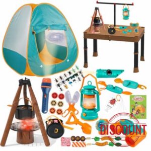 Qtioucp Kids Camping Set 50pcs with Tent/Table & Children’s Projector Flashlight- Outdoor Campfire Toy Set for Toddlers Kids Boys Girls - Pretend Play Camp Gear Tools for Birthday Christmas