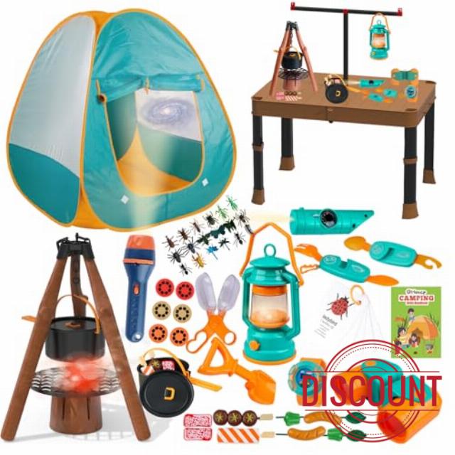 Qtioucp Kids Camping Set 50pcs with Tent/Table & Children’s Projector Flashlight- Outdoor Campfire Toy Set for Toddlers Kids Boys Girls - Pretend Play Camp Gear Tools for Birthday Christmas