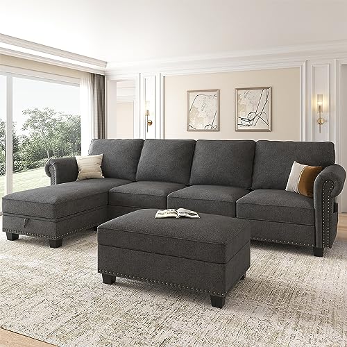 L Shaped Convertible Sofa Couch with Storage Ottoman Sectional Sofa Set for Living Room Furniture Sets Dark Grey
