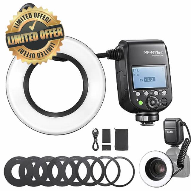 GODOX MF-R76S Macro Ring Flash for Sony TTL/M Mode CCT 5900K 76Ws 2.4G Wireless Control 550 Full-Power Flashes 0.1-1s Recycle Time Dual-Flash Tubes with LCD Screen for Inscet Plant Jewelry Shooting