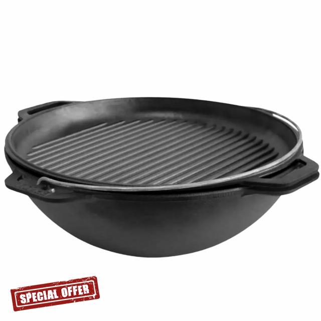 Cast Iron Dutch Oven - Premium Camping Cookware - Cast Iron Cookware Set - Dutch Oven Pot with Lid - Uzbek Kazan Cast Iron 15.85 Quarts (15L) Grill Frying Pan Lid