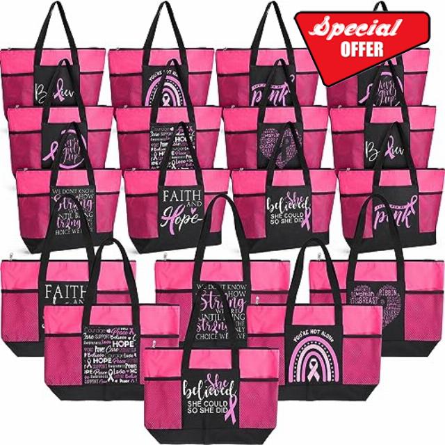 Hosuly Breast Cancer Awareness Gift Set for Women Pink Ribbon Sign Tote Bags