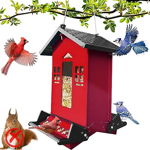 Red Metal Bird Seed Feeder for Outdoors Hanging Chew-Proof