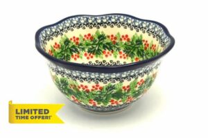 Polish Pottery Bowl - Wavy Edge - Holly Berry