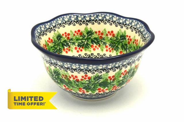 Polish Pottery Bowl - Wavy Edge - Holly Berry