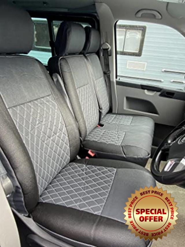 o Fit VW T5 Transporter (2003-2015) Tailored Leatherette Front Seat Covers (Single/Double WITH Armrests) Diamond Bentley Stitch (Grey/Black)