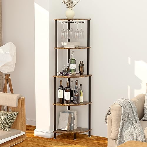 5 Tier Corner Bar Cabinet with Glass Holders Wine Storage Rack