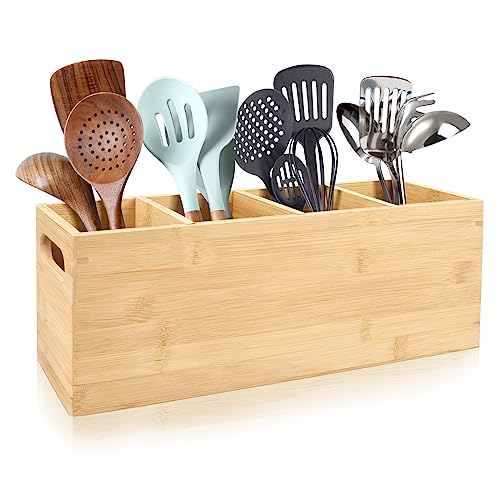 Extra Large 4 Compartments Kitchen Wooden Utensil Holder Organizer for Countertop
