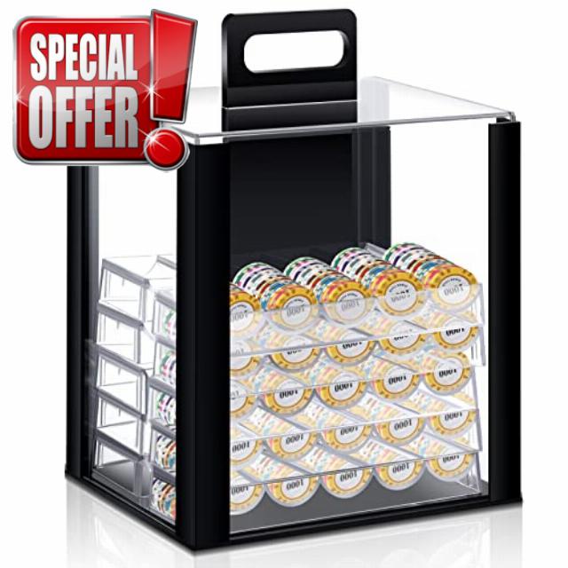Hiboom 11 Pcs Acrylic Chip Case and 1000 Capacity Chip Trays Set Including 1 Pcs Chip Carrier Acrylic Display Case 10 Pcs Chip Holder