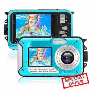 Waterproof Digital Camera 10FT Self-Timer Waterproof Camera 16X FHD Dual Screen 2.7K 48MP Underwater Camera for Snorkeling