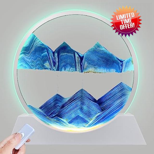 Aoderun 12" Moving Sand Art Liquid Motion with Light 3 Color Changing Moving Sand Art Picture Round Glass 3D Deep Sea Sand Art Sandscapes for Adult Relaxing Toys Desktop Home Office(Blue)