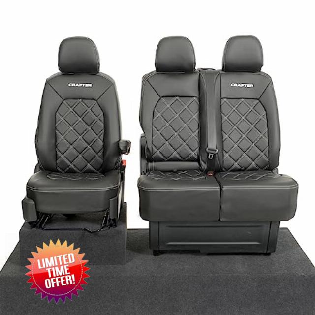 UK Custom Covers SC892B Tailored Leatherette Front Seat Covers (Single/Double With Folding Middle Seat) Double Diamond Bentley Stitch & 'Crafter' Embroidery Black - To Fit VW Crafter (2017 Onwards)