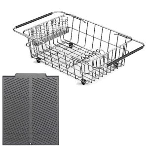 Expandable Over The Sink Dish Drying Rack with Utensil Holder and Silicone Drainage pad (Medium + 16" Silicone pad)