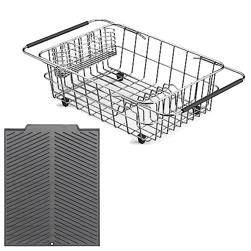Expandable Over The Sink Dish Drying Rack with Utensil Holder and Silicone Drainage pad (Medium + 16" Silicone pad)