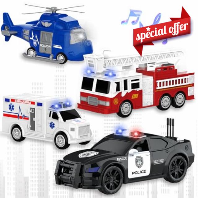 EPPO 4 Packs Emergency Vehicle Toy Set with Lights and Sounds Friction Powered Vehicles Include Fire Truck