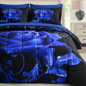 Reversible Blue Rose Pattern Printed 7 Pieces Bed in a Bag