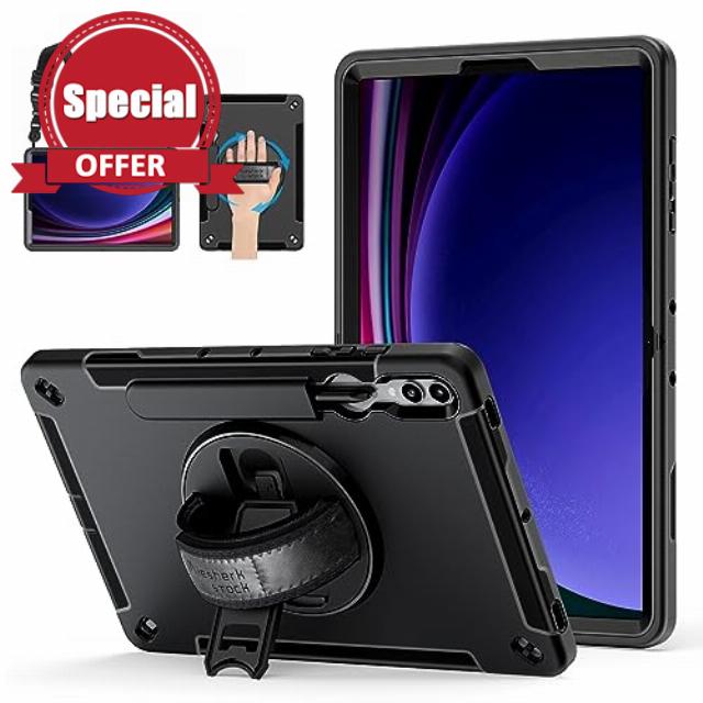 Case for Samsung Tab S9 Plus 2023: Miesherk Stock Heavy Duty Rugged Military Grade Shockproof Case for Galaxy Tab S9 Plus 12.4 Inch 2023 W/360° Stand - Handle/Shoulder Strap - S-Pen Holder - Black