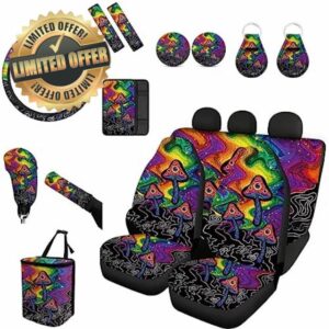 Forchrinse Colorful Mushroom Star Space Car Seat Covers Full Set 15Pcs Mushroom Auto Interior Protector Set Steering Wheel Covers Armrest Seatbelt Cover Gear Handbrake Cover Keychain Coaster Trash Can