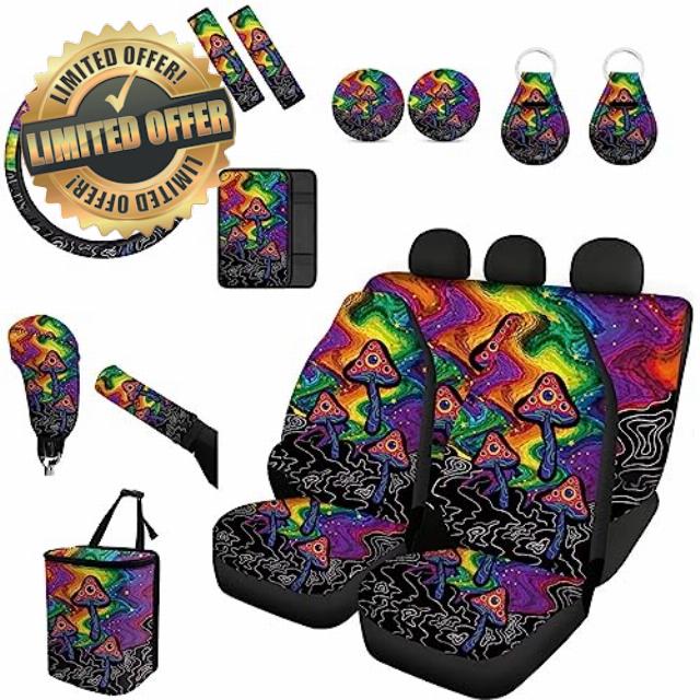 Forchrinse Colorful Mushroom Star Space Car Seat Covers Full Set 15Pcs Mushroom Auto Interior Protector Set Steering Wheel Covers Armrest Seatbelt Cover Gear Handbrake Cover Keychain Coaster Trash Can