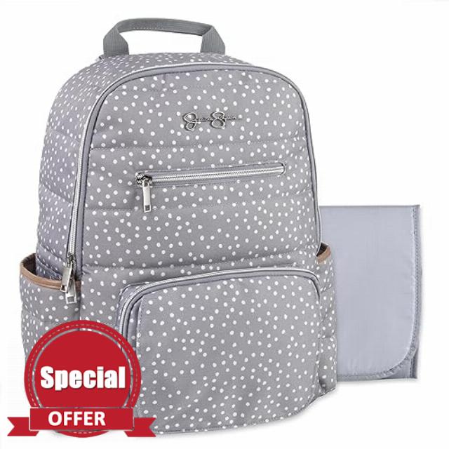 Jessica Simpson Polka Dot Grey Diaper Bag Backpack with Portable Changing Pad Station
