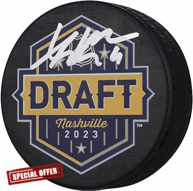 Adam Fantilli Columbus Blue Jackets Autographed 2023 Draft Logo Hockey Puck - Autographed NHL Pucks