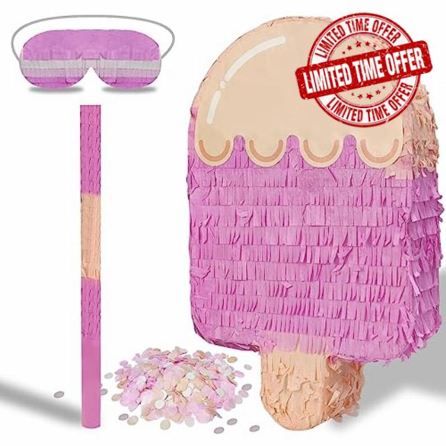 POUYRBA Ice Cream Pinata,Popsicle Pinata with Bat Paper Blindfold and Confetti Ice Cream Cone Pinata Ice Cream Pinata Large for Party Decorations (Ice Cream)