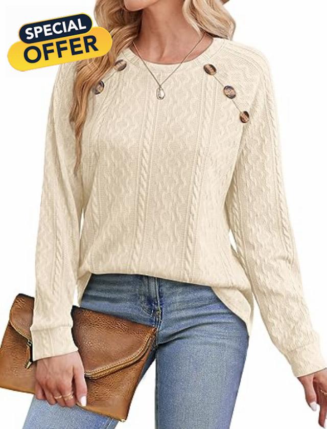 Saloogoe Button Up Cable Knit Sweats Long Sleeve Fall Tunic Tops for Leggings
