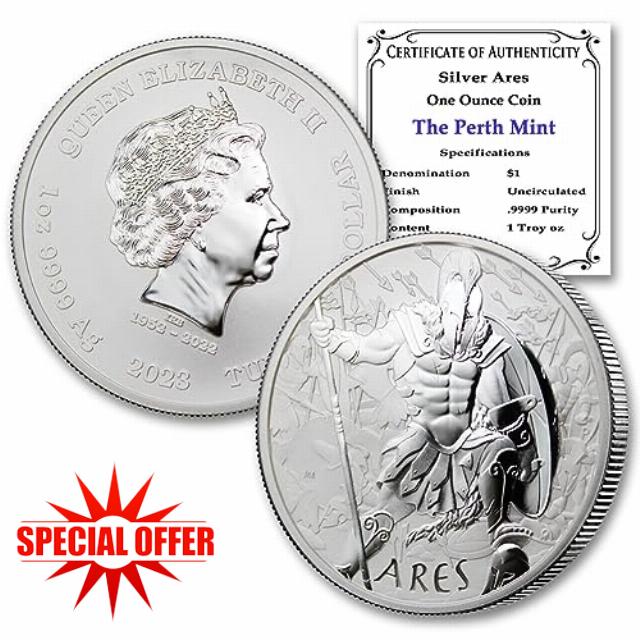 2023 P 1 oz Tuvaluan Silver Ares Coin - Gods of Olympus Series Brilliant Uncirculated (in Capsule) with Certificate of Authenticity $1 Seller BU