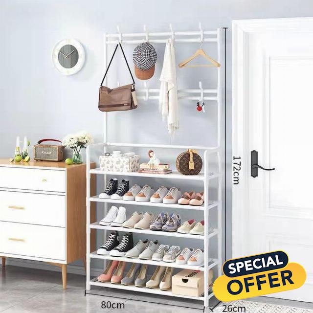 Organize Your Entryway with Our 5-Tier Shoe Rack and Coat Hanger - Holds Up to 20 Pairs of Shoes! (white