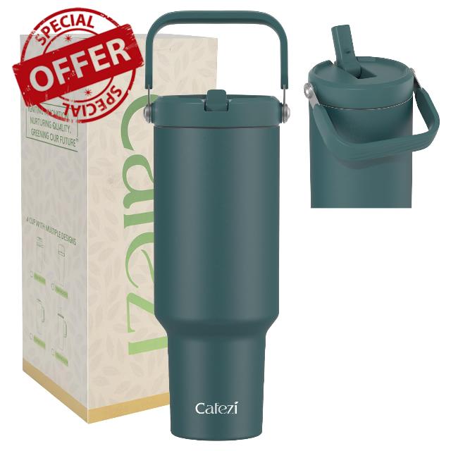Cafezi 46oz Stainless Steel Vacuum Insulated Tumbler with Flip Straw and Top Handle