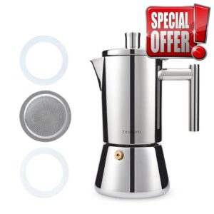 Easyworkz Diego Stovetop Espresso Maker 12Cup17.5 oz Moka Pot Bundled with Silicone Gasket Seals and Filter Screen Replacement