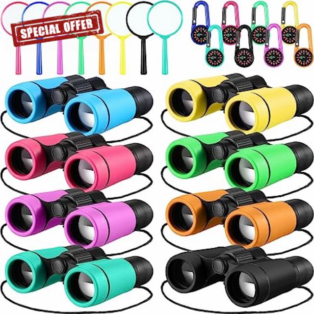 Hiboom 8 Pack Kid Binoculars Set Shockproof Mini Compact Binoculars Compass Magnifying Glass for 3-12 Years Boys Girls Folding Small Telescope Binoculars for Kids Bird Watching Camping Outdoor Play