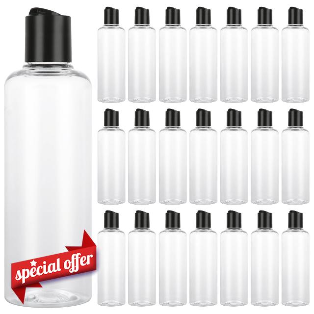YOUNTHYE 30PCS Plastic Empty Bottles with Black Disc Top Caps 250ml/ 8.4oz Clear Empty Travel Bottles Refillable Squeeze Travel Containers for Shampoo