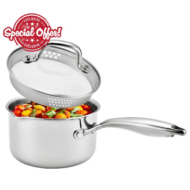 Cyrosa 4 Quart Stainless Steel Saucepan with Strainer Lid