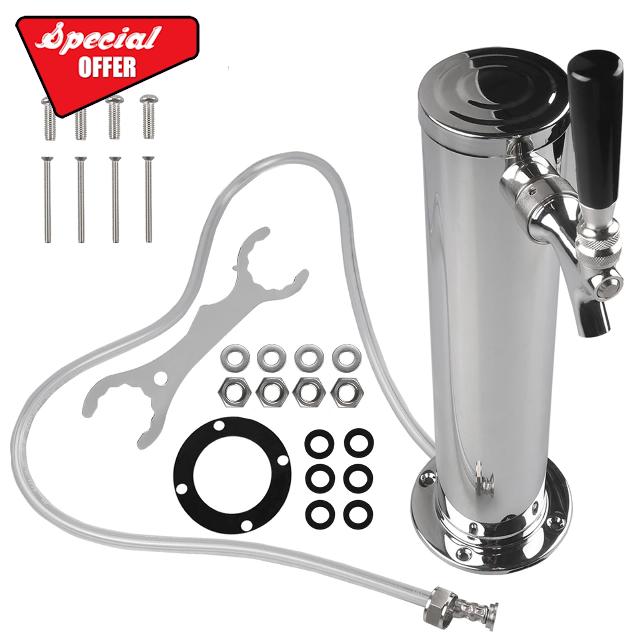 LUCKEG Single Tap Beer Tower Stainless Steel 3 inch Draft Beer Dispenser with Worm Clamp & Beer Line with Liquid Ball Lock and Swivel Nut for Home Brewing