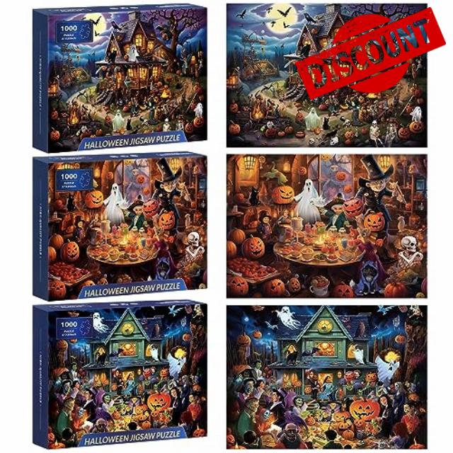 Tradder 3 Pack Halloween Family Games 1000 Piece Halloween Jigsaw Puzzles for Adults 20" x 27" Large Puzzle Pieces for Halloween Party Game Gift (Pumpkin)