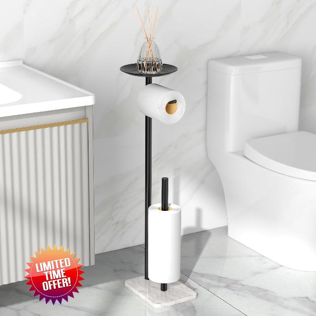 VOTZAAQ Toilet Paper Holder Free Standing with Marble Base - Stainless Steel Toilet Paper Holder Stand with Top Tray for Fragrance