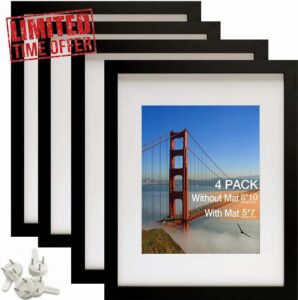 wyewye Picture Frames 8x10 Picture Frame Set of 4 Display Pictures 5x7 with Mat or 8x10 Without Composite Wood for Wall or Tabletop Display Pre-Installed Wall Mounting Hardware