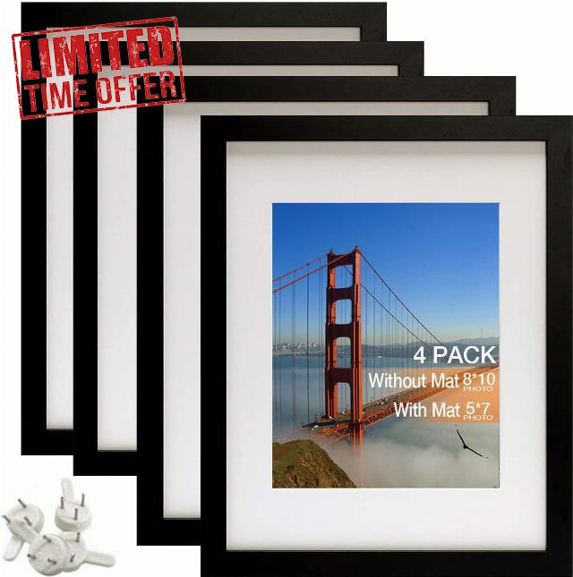 wyewye Picture Frames 8x10 Picture Frame Set of 4 Display Pictures 5x7 with Mat or 8x10 Without Composite Wood for Wall or Tabletop Display Pre-Installed Wall Mounting Hardware